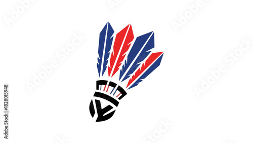Stylized badminton shuttlecock with red and blue feathers on a white background.