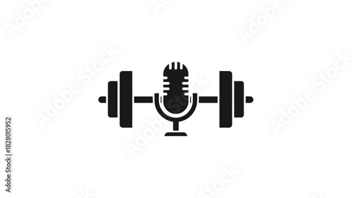 A black silhouette icon of a barbell with a vintage microphone as the central bar, representing a fitness podcast.