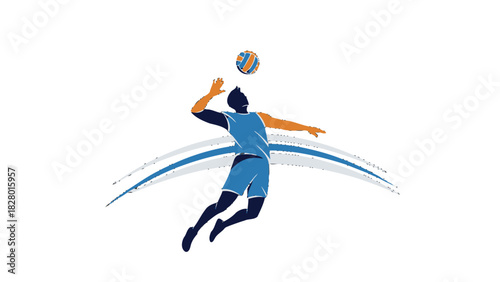 Silhouette of a volleyball player in mid-air, spiking the ball during a game.