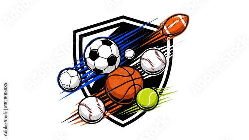 Sports emblem with various balls: football, soccer, basketball, baseball, tennis, golf, on a shield background with dynamic lines.