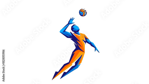 A dynamic, stylized illustration of a volleyball player jumping to spike the ball against a white background.