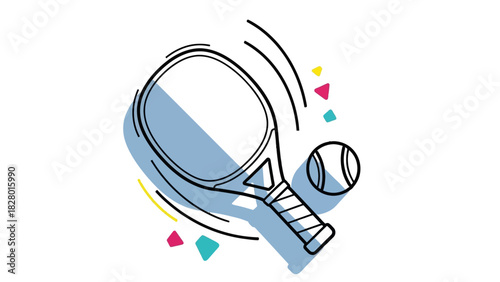 A stylized illustration of a tennis racket in motion with a tennis ball nearby, set against a white background with colorful abstract shapes.