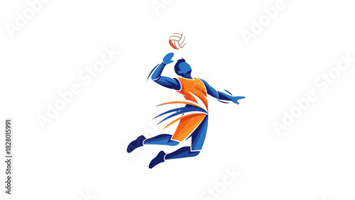 A dynamic, stylized illustration of a volleyball player in blue and orange colors, jumping to spike the ball during a game.