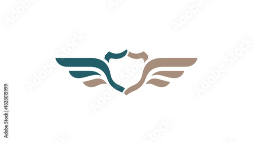 Shield with wings logo in teal and brown on a white background.