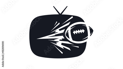 A black and white graphic illustration of a television screen with a football bursting out of it.