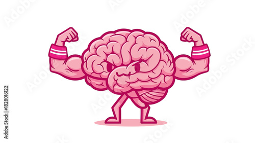 A powerful cartoon brain with muscular arms flexing its biceps, symbolizing mental strength and intelligence.