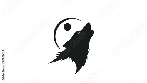 A black silhouette of a howling wolf against a backdrop of a yin-yang symbol with a full moon.