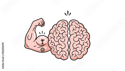 Illustration of a strong brain and a muscular arm symbolizing mental power, intelligence, and physical health.