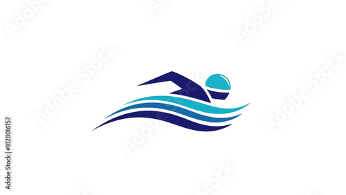 Illustration of a swimmer in a pool, depicted with stylized waves and a swimmer's silhouette, conveying movement and aquatic activity.