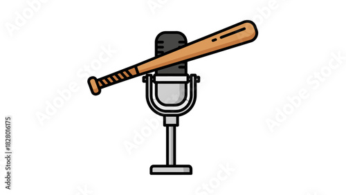 A wooden baseball bat resting horizontally on a grey vintage-style microphone with a stand, against a plain white background.