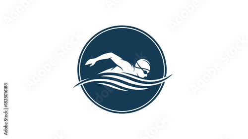 A stylized graphic illustration of a swimmer in mid-stroke within a dark blue circle.
