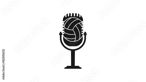 A black and white illustration of a microphone with a volleyball inside the head.