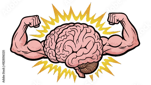 Brain with muscular arms flexing, radiating power and strength.