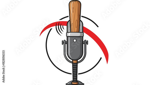 Retro microphone with a red arc and sound waves, symbolizing broadcasting or audio recording.