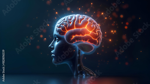 A futuristic rendering of a human profile with an illuminated brain, representing cognitive science, AI, and neural activity.