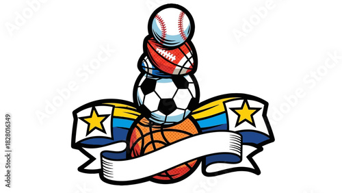 Illustration of a tower of different sports equipment like baseball, football, soccer, and basketball, adorned with a striped banner and stars.