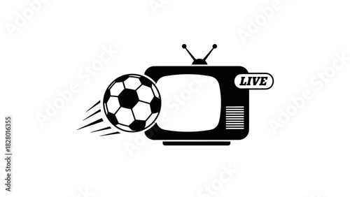 Soccer ball flying into a television with the word LIVE on the screen.