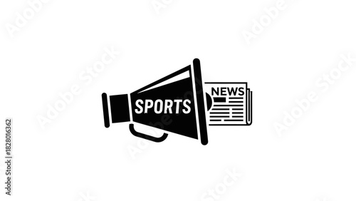 A black and white graphic icon of a megaphone with the word 'SPORTS' broadcasting a newspaper with the headline 'NEWS', symbolizing sports journalism and announcements.