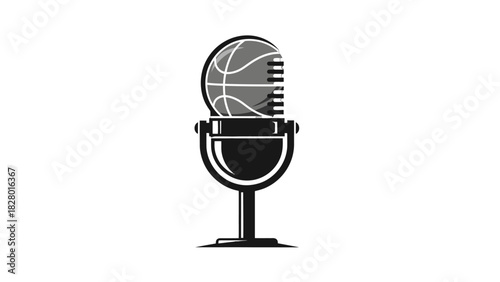A black and white image of a microphone with a basketball design.