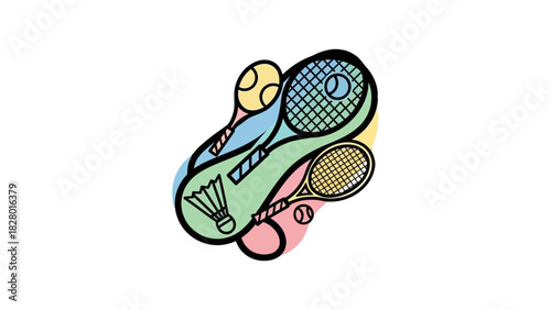 Illustration of tennis rackets, badminton shuttlecock, and tennis balls.