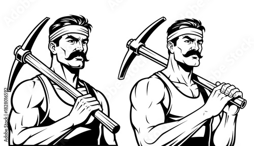 Two monochrome drawings of muscular men with mustaches holding pickaxes on their shoulders in vector format