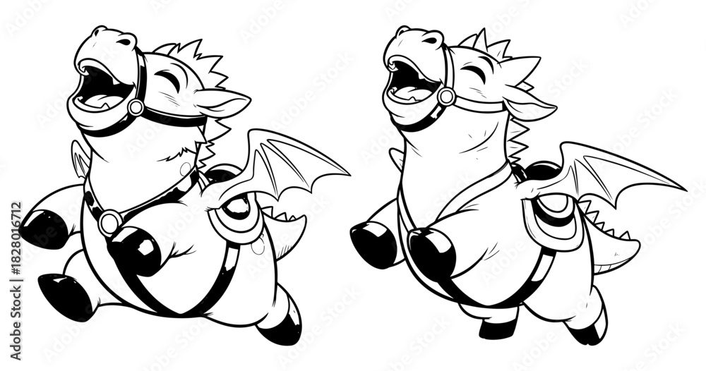 Obraz premium Two cartoon style winged horses with open mouths and harnesses in black and white outline drawing