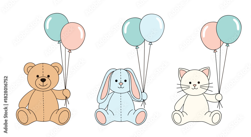 Naklejka premium Cute set of three stuffed animal toys a bear a rabbit and a cat each holding colorful balloons on a white background.