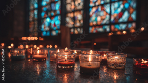 Candles glow warmly in a dimly lit sanctuary, reflecting off a polished surface, with stained glass windows adding a splash of color in background.
