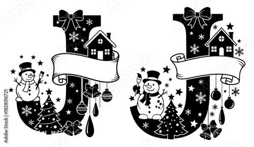 Letter j adorned with christmas elements including snowman tree house and decorative ornaments in black and white