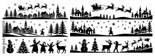 Silhouetted christmas scenes featuring santa's sleigh, snowmen, trees, and winter landscapes in black and white