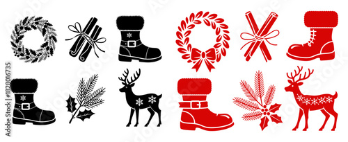 Silhouette christmas icons featuring wreaths boots cinnamon sticks and reindeer in red and black shades