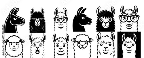 Collection of llama heads with different expressions and styles in black and white illustration format