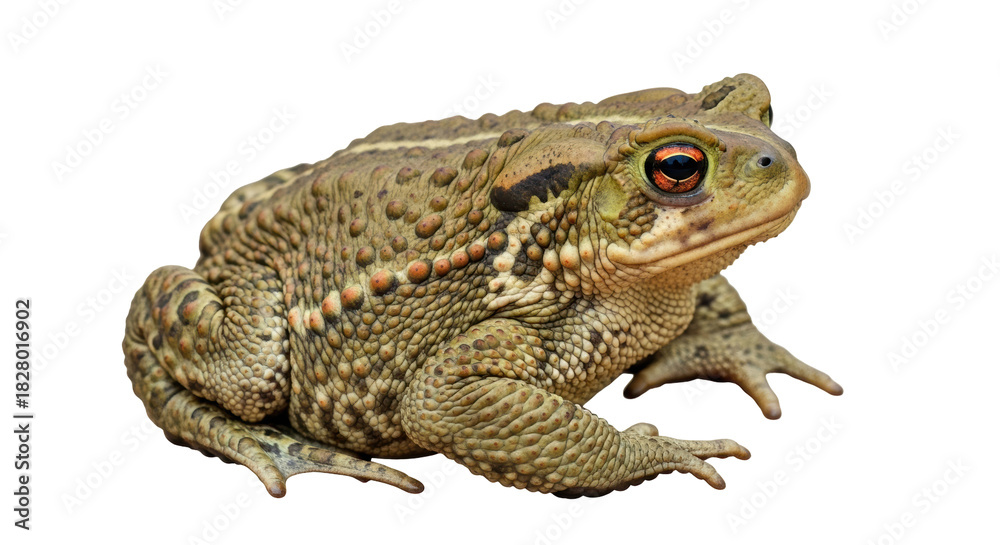 Fototapeta premium Large brown toad isolated PNG on transparent background, amphibian with bumpy skin and orange eyes for wildlife and nature designs