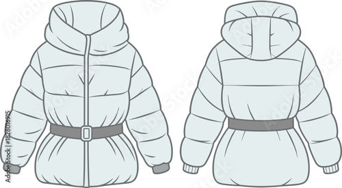 Front and back view of a light blue quilted puffer jacket with a belt Keywords: puffer jacket, winter coat, quilted jacket, down