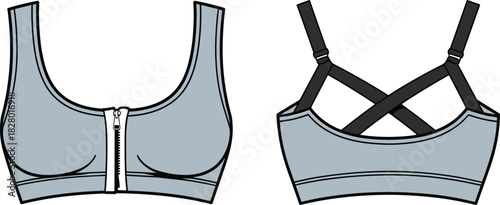 Front and back view of a light blue sports bra with a zipper and black crisscross straps Keywords: sports bra, athletic bra