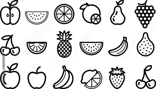 Assortment of black and white line art fruit icons Keywords: fruit, icon, symbol, line art