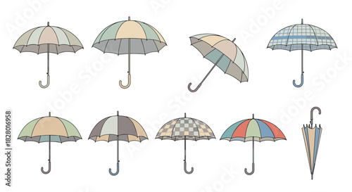 Large collection of colorful retro-style umbrellas in various patterns and positions including open and closed on a white background.