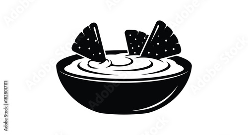 Tortilla chips and dip bowl illustration in black and white silhouette