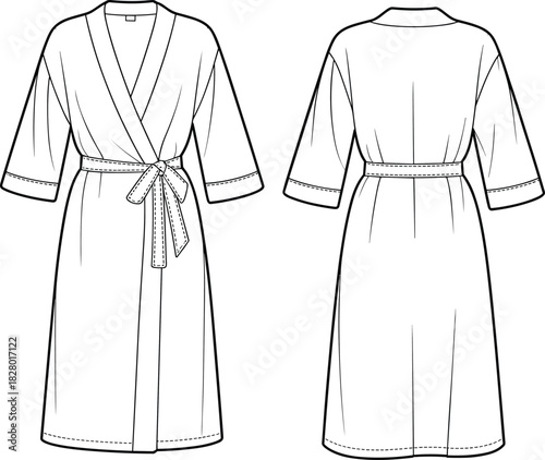 Front and back view of a white line art kimono robe with belt and stitched details dressing gown bathrobe