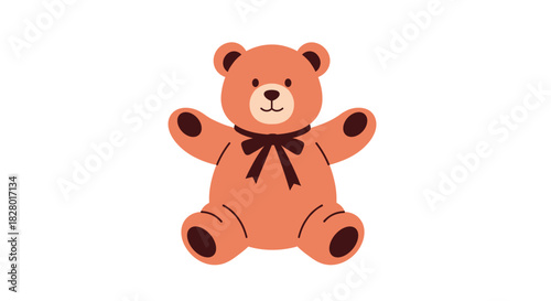 Simple flat design illustration of a cute brown teddy bear with a dark bow sitting with open arms on a white background.