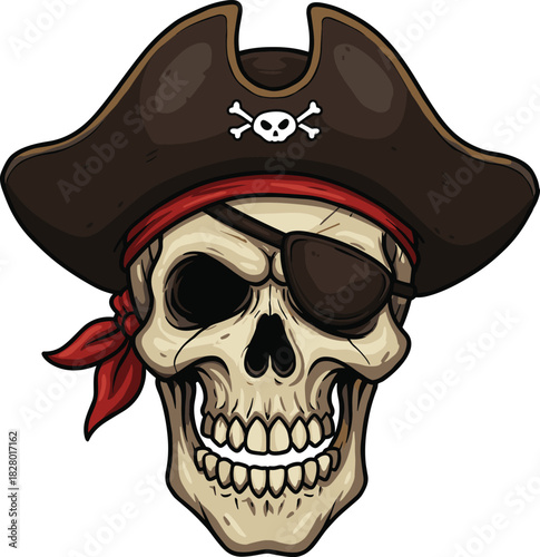 Pirate skull with hat, eye patch and bandana vector illustration, fierce cartoon design for adventure, danger, Halloween, and pirate themes