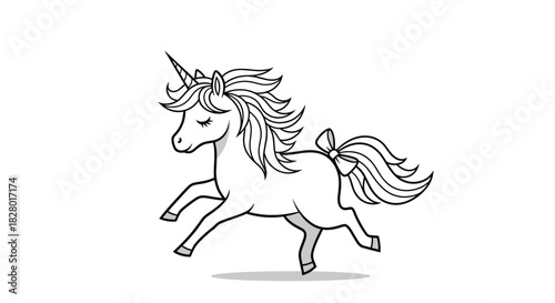 Cute prancing unicorn with a large bow on its tail in a simple black and white line art style for coloring book pages.