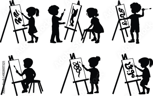 Black vector silhouettes of children painting on easels, little artist drawing with brush, creative kids set isolated on white background.