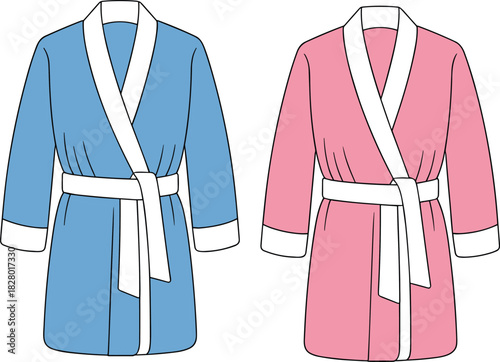 Two cartoon style bathrobes one blue and one pink with white trim and belts dressing gown loungewear