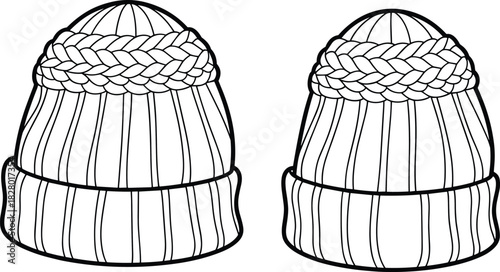Two white line art illustrations of a knitted winter beanie hat with braided detail winter hat knitted hat