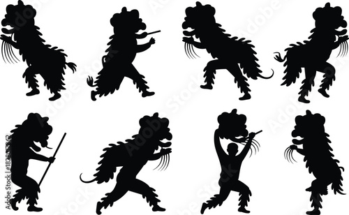 Black vector silhouettes of traditional Chinese lion dance performers, cultural festival celebration, isolated on white background for Lunar New Year.