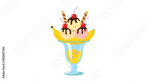 Delicious banana split sundae with vanilla and strawberry ice cream scoops chocolate sauce and cherries in a tall glass dish.