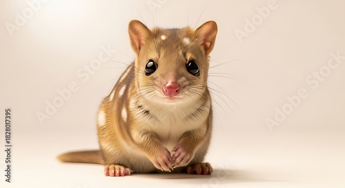 Close up of a quoll animal with unique spotted fur on neutral background
