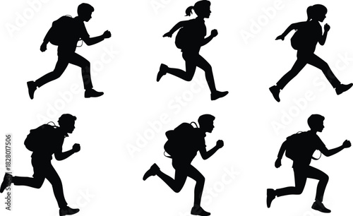 Black vector silhouettes of school children running with backpacks, rushing to class, active students set, isolated on white background.