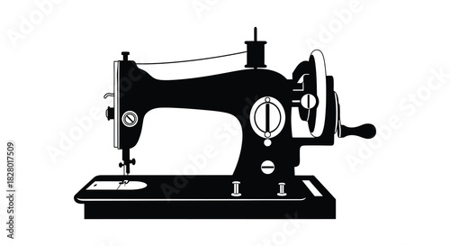 Vintage sewing machine illustration in black and white silhouette